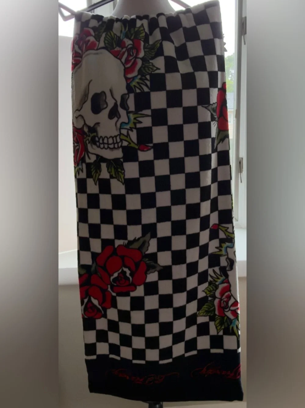 Ed Hardy Black, White & Pink Checkerboard Skull Beach Towel